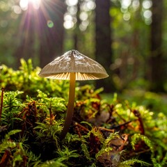 Single mushroom amidst mossy green ground, sunlight filters through the blurred forest background