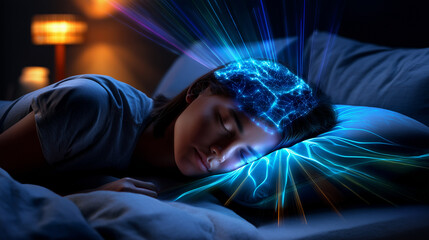 Femme dormant sur un oreiller intelligent. Capteurs biom&eacute;triques et lueur bleue futuriste. Visualisation de donn&eacute;es de r&ecirc;ve et technologie du sommeil. Ambiance sereine, calme et high-tech