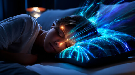 Femme dormant sur un oreiller intelligent. Capteurs biom&eacute;triques et lueur bleue futuriste. Visualisation de donn&eacute;es de r&ecirc;ve et technologie du sommeil. Ambiance sereine, calme et high-tech