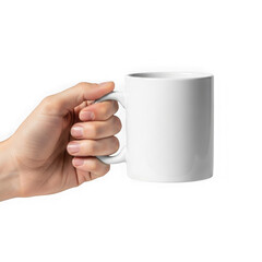 Obraz premium A hand holding a plain white ceramic mug against a light background