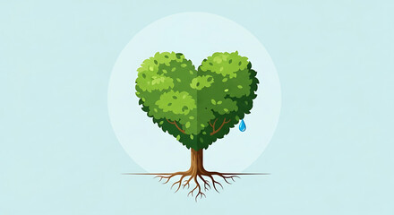 Heart shaped tree with roots and a single tear drop on a light blue background symbolizing love and environmental care
