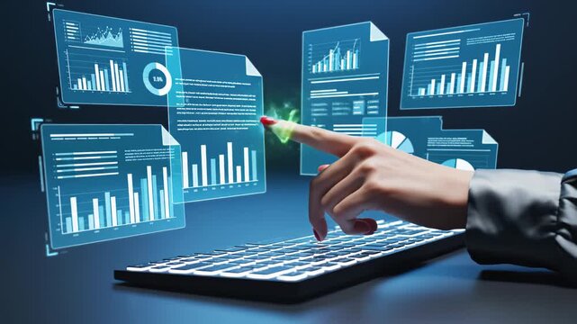 Hand interacting with digital data charts