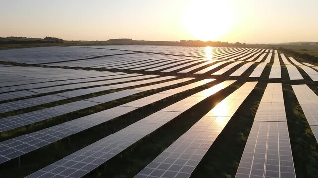 Rows of solar panels in a field at sunset