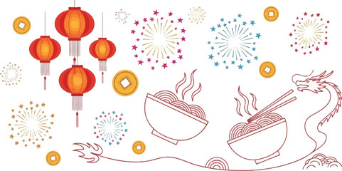 Chinese New Year celebration elements, including traditional red lanterns, a festive dragon, bowls of noodles with chopsticks, and various fireworks, are arranged on a white background.