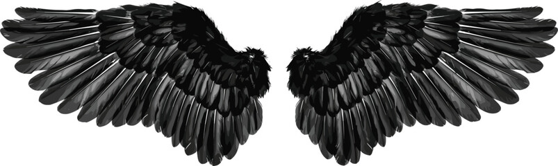 Detailed black wings illustration, symmetrical feather vector design, fantasy artwork icon, freedom flight symbol, dramatic silhouette drawing, layered texture style © MstAlea