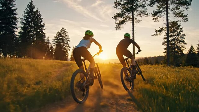 Two cyclists riding electric bikes in a field