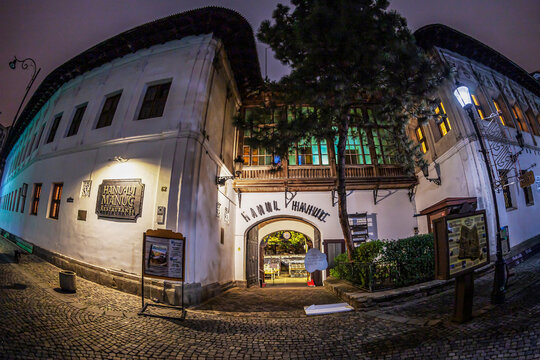 Night view with Manuc's Inn, built in 1808 and the most important commercial complex of the city at middle of the 19th century. Restorations in 1848,1863,1970,1992, Bucharest, Romania