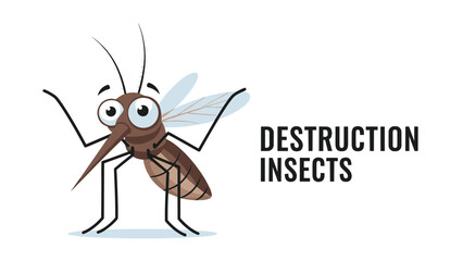 Humorous mosquito cartoon character standing next to the text destruction insects isolated on a plain white background.