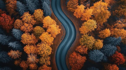 aerial view of a serpentine road cutting through an autumn forest of vibrant orange and dark blue-green trees, creating a serene and moody atmosphere