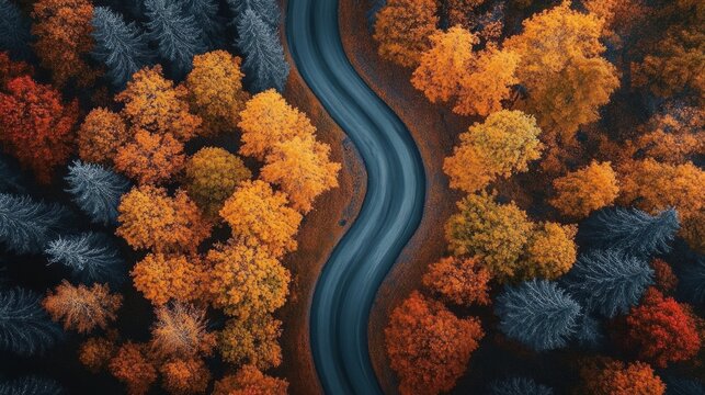 aerial view of a serpentine road cutting through an autumn forest of vibrant orange and dark blue-green trees, creating a serene and moody atmosphere