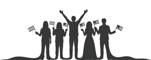 People silhouettes stand together, holding small American flags, with one figure raising arms in triumph or celebration, symbolizing patriotism, unity, and freedom.