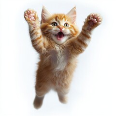 excited orange tabby kitten jumping with front paws raised, mouth open and joyful expression on white background