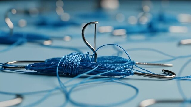 Close Up View of Blue Surgical Sutures and Needles for Medical Video.
