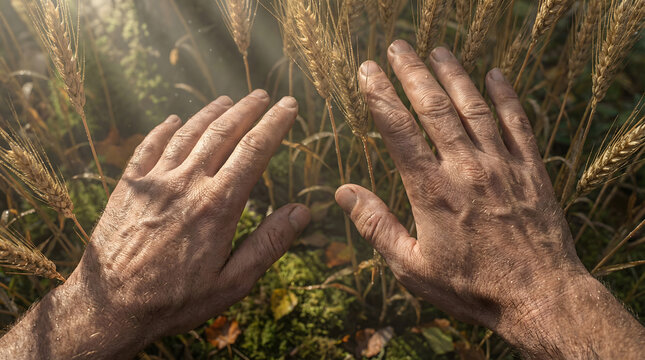 Macro of Human Hands Running Through Ripe Golden Wheat: Conceptual Art for Harvest Abundance, Sensory Freedom, and Sustainable Agriculture