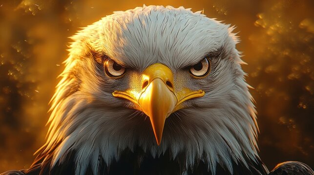close-up portrait of a bald eagle with piercing eyes and stern expression, golden backlit feathers and intense focused gaze