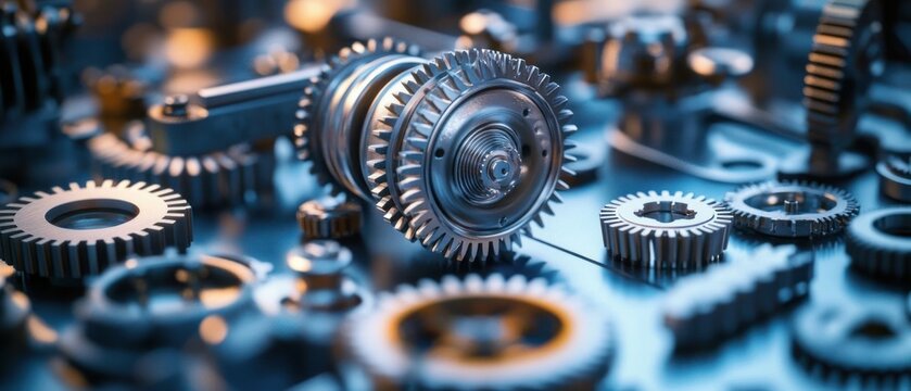 close-up of polished metallic gears, cogs, shafts and mechanical components bathed in cool blue light, evoking precision and industrial focus