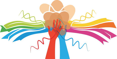 Diverse colorful hands reach upwards, supporting abstract organic shapes with flowing ribbons and DNA strands, symbolizing unity, community, and collaboration.