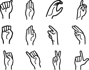 Fototapeta premium Vector collection of hand gestures in sign language showcasing various finger positions and movements