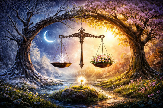 Vernal equinox fantasy illustration with intertwining winter and spring trees arch, ornate brass balance scale holding snowflake and flowers over glowing bloom