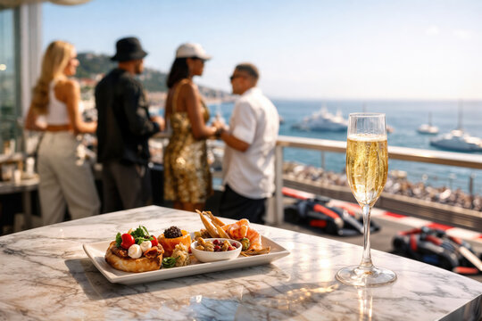 Monaco paddock club luxury hospitality champagne glass and gourmet appetizers on marble table overlooking coastal Formula 1 race track VIP guests