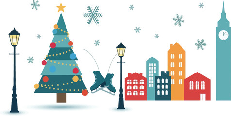 A whimsical winter city illustration depicts a festive Christmas tree, glowing street lamps, ice skates, falling snowflakes, and a charming cityscape silhouette with a prominent clock tower.