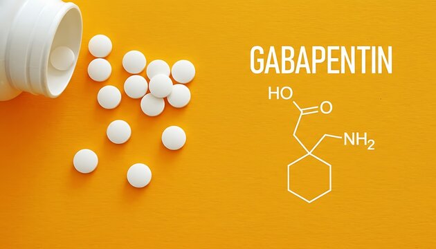 Pills gabapentin white round scattered from bottle on yellow background with chemical formula featuring medication, healthcare, pharmaceuticals with neuroscience and neurology elements for