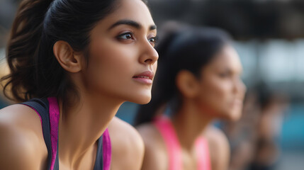 Obraz premium Young Indian women fitness enthusiasts preparing for outdoor training in vibrant activewear, wellness active healthy lifestyle, workout losing weight, defocused background, with copy space