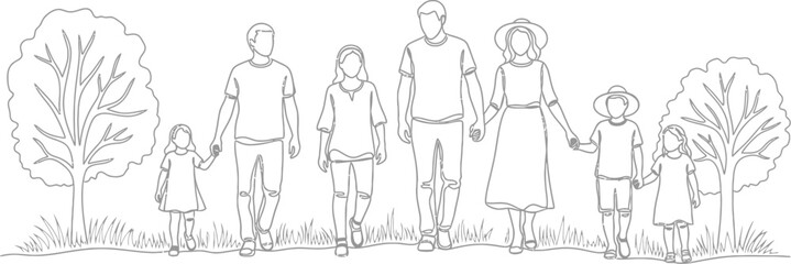 A large family group of seven people, including adults and children, walks together outdoors in a minimalist line art style.