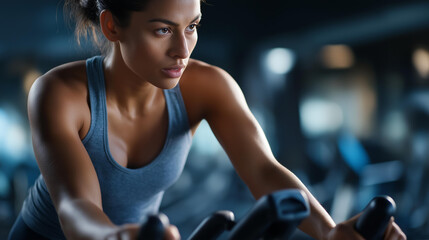 Exercise bike intense and power with woman in gym, cardio training or physical workout, fitness sports wellness, fierce athlete in health club, defocused background, with copy space