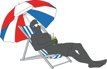 Person wearing sunglasses relaxes comfortably in a striped deck chair under a red and blue beach umbrella, holding a refreshing green drink, embodying a peaceful vacation experience.