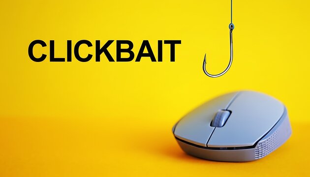 Clickbait concept with fishing hook hanging above wireless computer mouse on bright yellow background, bold typography message for online marketing and internet trap ideas