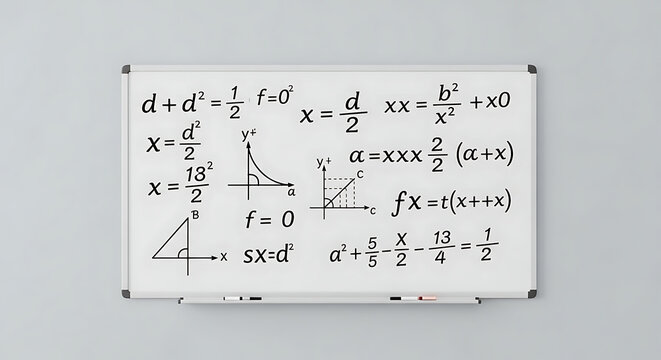 Mathematical equations on whiteboard with graphs and formulas