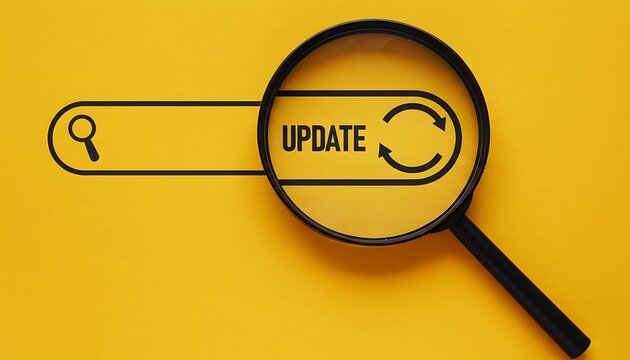 Magnifying glass with update icon and search bar on yellow background symbolizing software updates featuring technology, digital concept, black graphics with user interface and UI design elements for