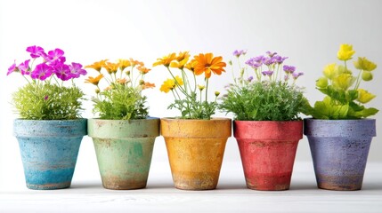Collection of colorful flower pots with blooming plants and green foliage for spring garden sale display or decorative home decor.