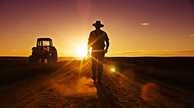 Farmer walking with tractor at sunset