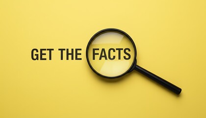 Magnifying glass with black frame on yellow background with text 'GET THE FACTS' featuring research, investigation, discovery with inspection and analysis elements for typography, message projects,