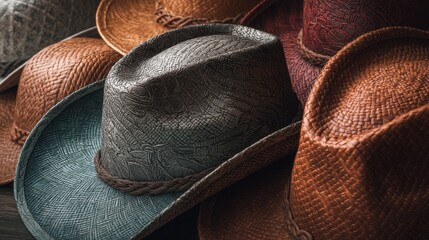 Close up of several stylish straw fedora hats in various colors. Fashion accessory and cowboy style concept for outdoor wear.