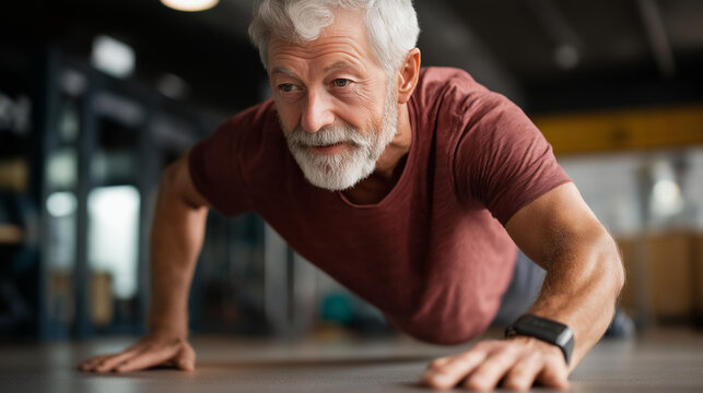 Dedicated mature man exercising in health club, senior fitness commitment, older adult workout session, gym training dedication, strength routine activity, defocused background, with copy space