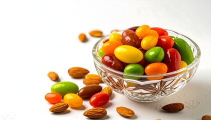 Glass bowl holds bright candy-coated nuts. Almonds scattered around on a white surface