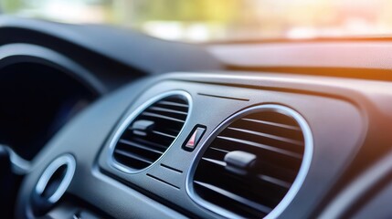 Fototapeta premium Close-Up Shot of Car Air Vent with Controls, Featuring Smooth Texture, Modern Design, and Soft Lighting Reflections