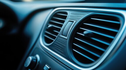 Close-Up View of Modern Car Air Vent with Sleek Design and Tactile Button for Airflow Control in a Contemporary Vehicle Interior Setting
