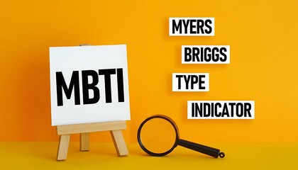 Obraz premium Magnifying glass near easel with Myers Briggs Type Indicator sign on bright orange background featuring MBTI, personality test, psychology with psychological assessment and self-discovery elements
