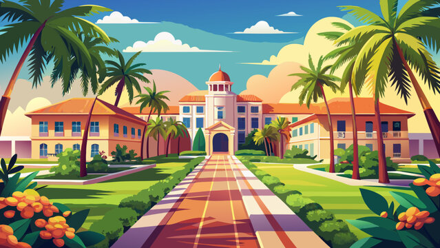 Very beautiful tropical university campus in South Florida, featuring palm-lined walkways, Mediterranean-style buildings, and bright coastal sunshine illuminating the academic setting.
