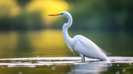 Naklejka premium Serene Great Egret Standing Gracefully in Calm Waters Surrounded by Lush Greenery with a Soft Golden Glow in the Background
