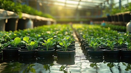 rows of potted green seedlings in a sunlit greenhouse with peaceful morning glow and reflections on shallow water