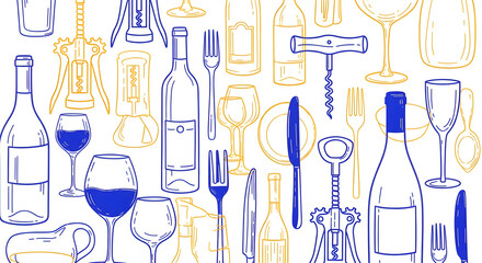 Wine and dine illustration with various utensils and bottles