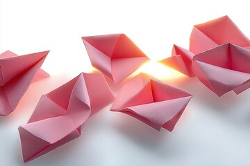Pink origami paper boats on a white surface with warm backlight and soft shadows, delicate playful mood