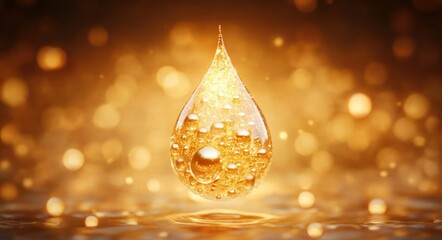 glowing golden liquid droplet with suspended bubbles above rippled reflective surface, warm serene luxurious mood
