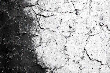 high-contrast black and white close-up of weathered wall with peeling cracked paint and rough plaster texture, evoking decay and stark isolation