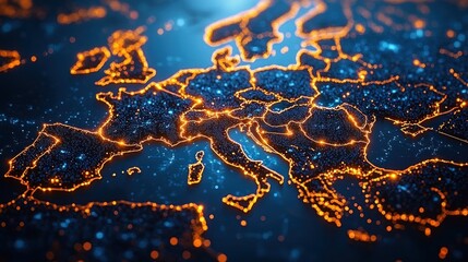 Aerial view of a glowing digital map of Europe with illuminated borders, scattered city lights and islands on a deep blue sea, a futuristic vibrant network visualization